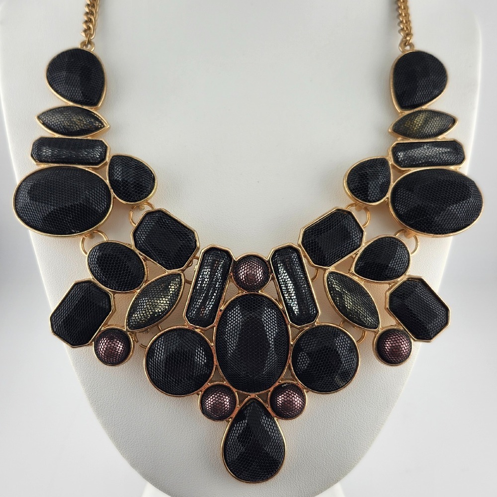 Statement‎ Necklace Black Gold Tone Geometric Bib Costume Jewelry